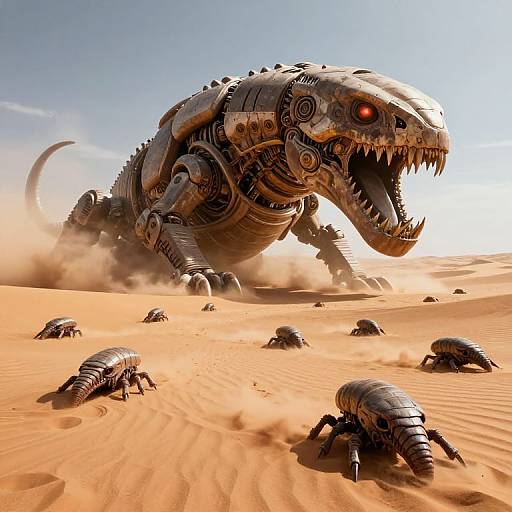 Digital artwork of a giant, robotic, cybernetic dinosaur with glowing red eyes roaring in a desert, surrounded by smaller robotic creatures.