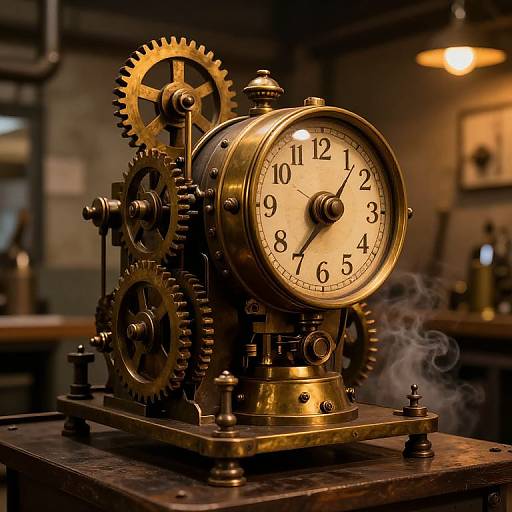 Photograph of a vintage, brass mechanical clock with intricate gears, steam, and a warm, industrial background with blurred workshop details.