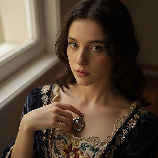 Photograph of a fair-skinned woman with dark wavy hair, wearing an ornate dark blue dress with lace and floral embroidery, holding a silver