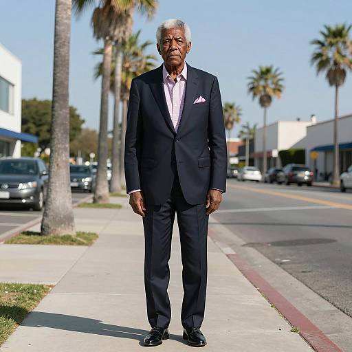 Elderly Black Man in Navy Suit on Sunny Urban Street