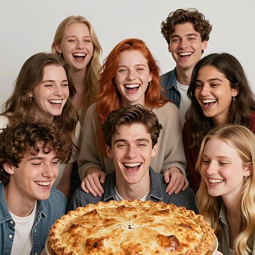 Group of Young Adults Laughing Around Large Pie