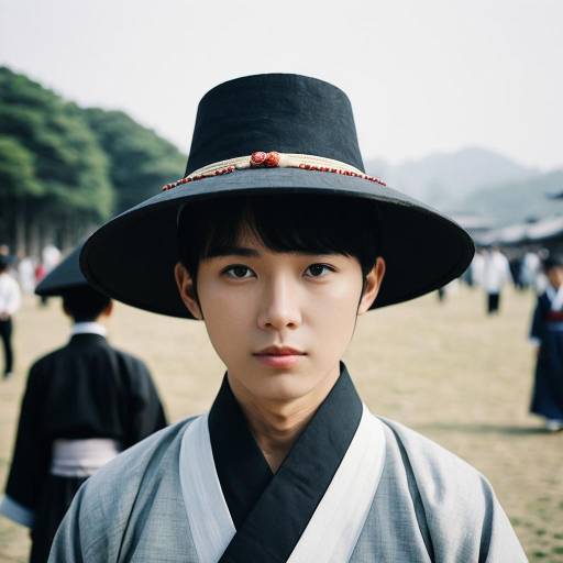 Young Man in Traditional Korean Hanbok with Gat Hat