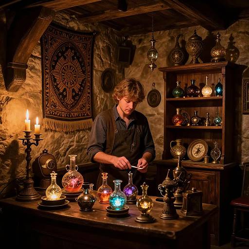 Photograph of a bearded man in a dark shirt, mixing colorful alchemical potions in a dimly lit, rustic stone-walled room.