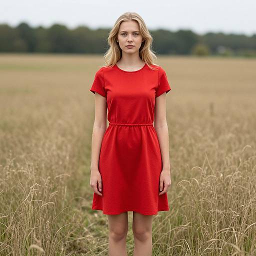 Photograph of a blonde woman in a red dress standing in a golden wheat field, with a blurred green forest in the background. She has fair skin