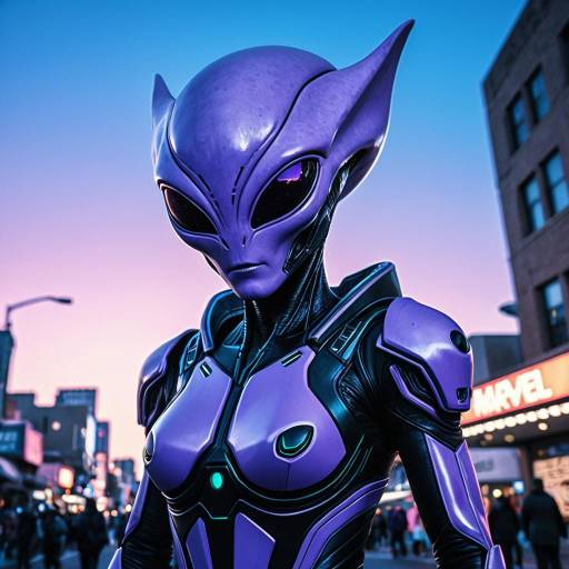 Lavender Alien Character in Neon Urban Setting