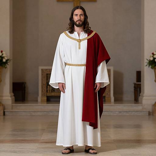 Photograph of a bearded man with long brown hair, wearing a white robe with gold trim and a maroon stole, standing in a church,