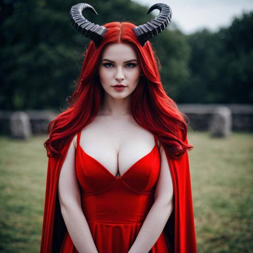 Woman in Red Dress with Devil Horns