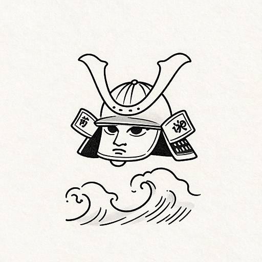 Black and white line drawing of a stylized, Viking-like warrior helmet with two antler-like horns, serious expression, and swirling cloud beneath.