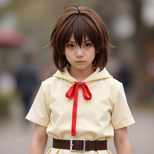 Photograph of a young Japanese girl with short brown hair, wearing a cream dress with a red ribbon and brown belt, standing in a blurry outdoor street