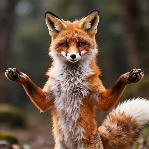 Photograph of a standing red fox with raised paws, vibrant orange and white fur, black-tipped ears, and alert, expressive eyes in a