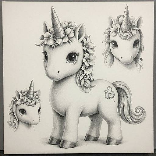 Pencil drawing of three adorable, flower-crowned unicorns with large eyes, detailed horns, and flower cutie marks, in a whimsical style