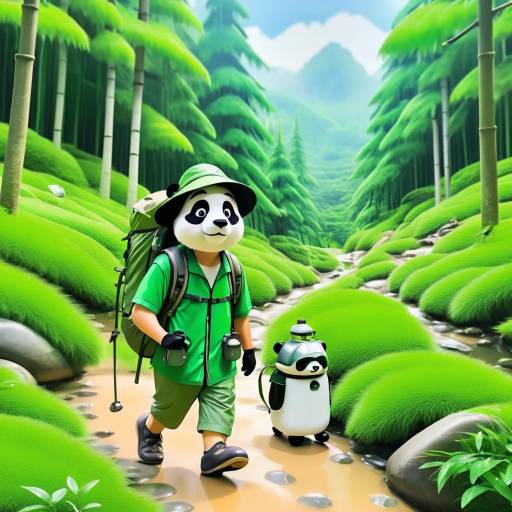 Mr. Panda Hiking with Robotic Dog in Lush Forest