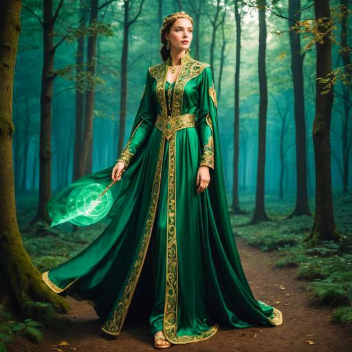 Medieval Fantasy Woman in Emerald Robe with Magic Wand