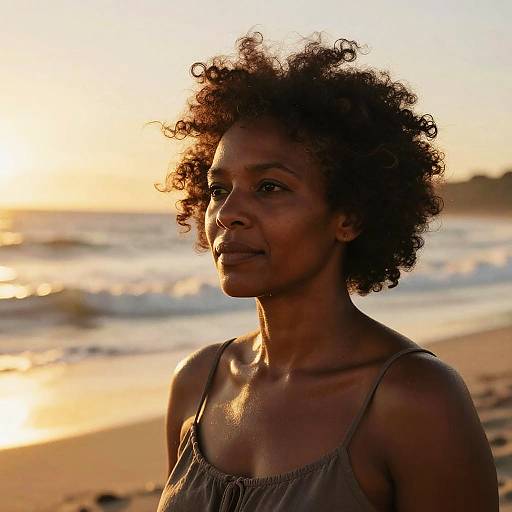 Photograph of a dark-skinned, African-American woman with natural curly hair, wearing a sleeveless gray top, standing on a sunlit beach at