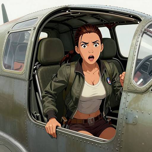 Digital illustration of a surprised, brown-haired woman with medium breasts, wearing a green jacket and white tank top, leaning out of a vintage military aircraft's