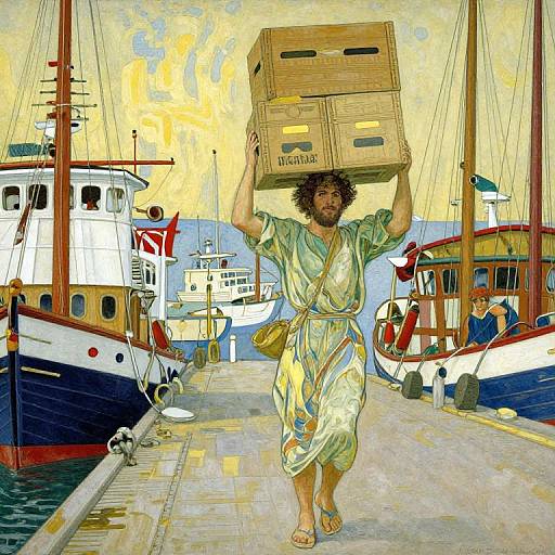 A bearded, curly-haired man in a green, patterned robe carries cardboard boxes on a vibrant, bustling harbor dock, surrounded by colorful boats and