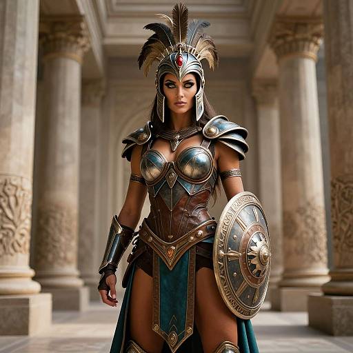 Digital CGI of a fierce female warrior in ancient Greek armor, with a feathered helmet, bronze chestplate, and large shield, standing in a grand