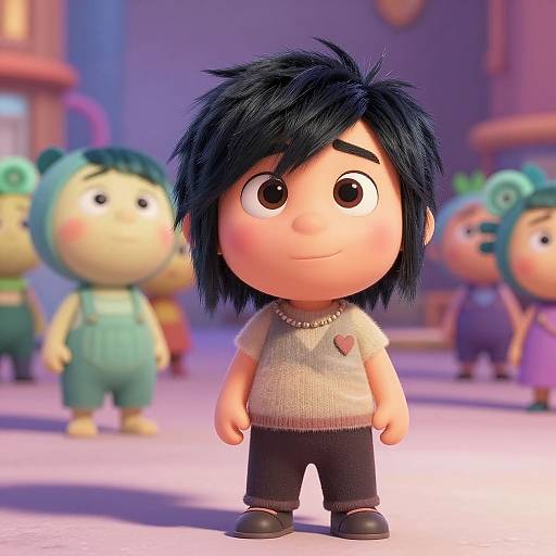 CGI image of a chibi-style boy with black spiky hair, wearing a white sweater with a heart patch, black pants, and black shoes