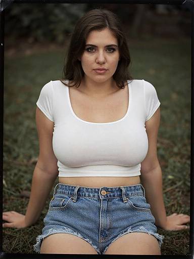 Photograph of a young woman with dark brown hair, wearing a tight white crop top and frayed denim shorts, sitting on grass, gazing directly