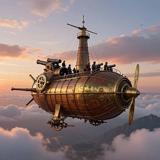 Steampunk airship with brass textures, armed with cannons, flying through a pink-orange sunset sky, surrounded by clouds and mountains.