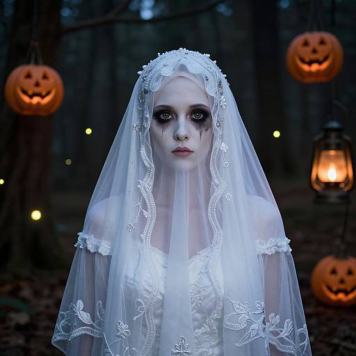 Photograph of a pale, dark-eyed woman in white lace bridal attire and veil, surrounded by glowing jack-o'-lanterns in a dark forest