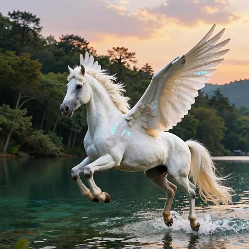 Realistic Pegasus Soaring Over Lake