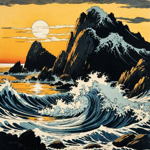 Chromolithograph of Icy Waves Crashing on Rocky Island at Sunset