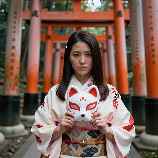 Japanese Woman in Kimono Holding Fox Mask at Torii Gates