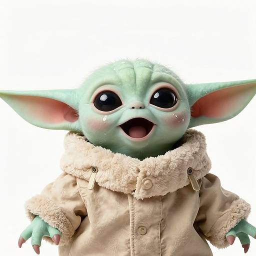 Digital CGI of a cute, green, large-eyed Gollum-like creature with oversized ears, wearing a beige, furry-collared coat, smiling