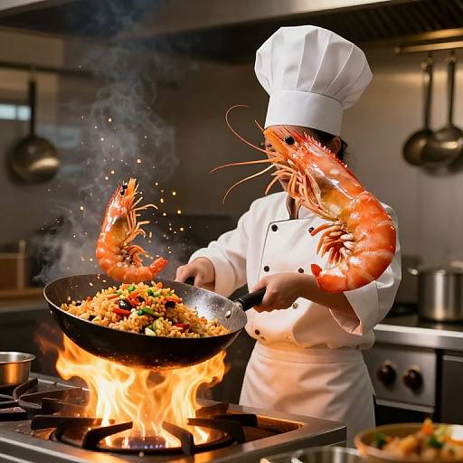 Photograph of a chef in a white uniform and hat, holding a large, steaming shrimp over a fiery stove, cooking vibrant sautéed