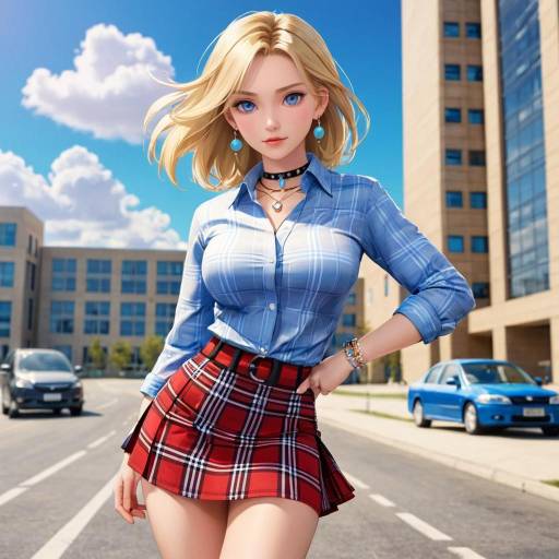 Blonde Girl in Plaid Skirt Outdoors