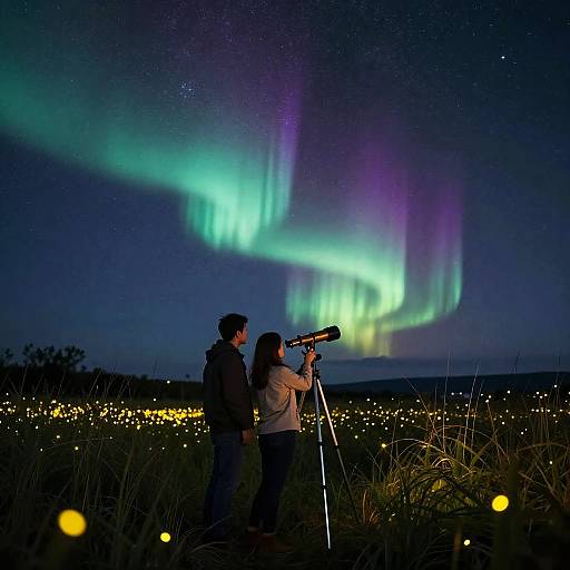 Photograph of a couple observing the Northern Lights with a telescope under a starry night sky, surrounded by twinkling lights.