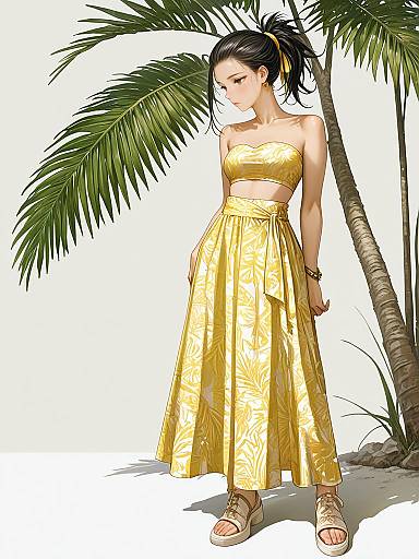 Digital anime-style drawing of a young woman with dark hair in a ponytail, wearing a gold floral strapless top and skirt, standing under a palm