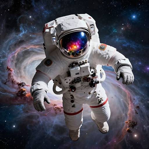 Photorealistic CGI of an astronaut floating in space, surrounded by a colorful nebula. The astronaut wears a white spacesuit with red stripes and a