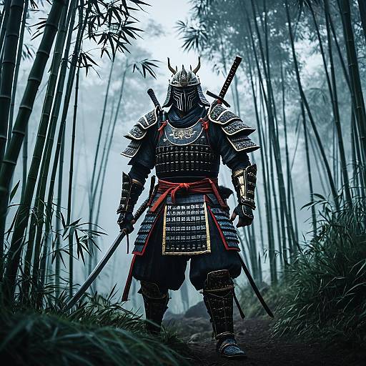 Samurai Warrior in Misty Bamboo Forest