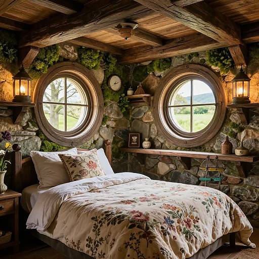 Cozy rustic bedroom with floral-patterned bedding, stone wall, two circular windows, wooden ceiling, lanterns, and shelves holding small decor items.