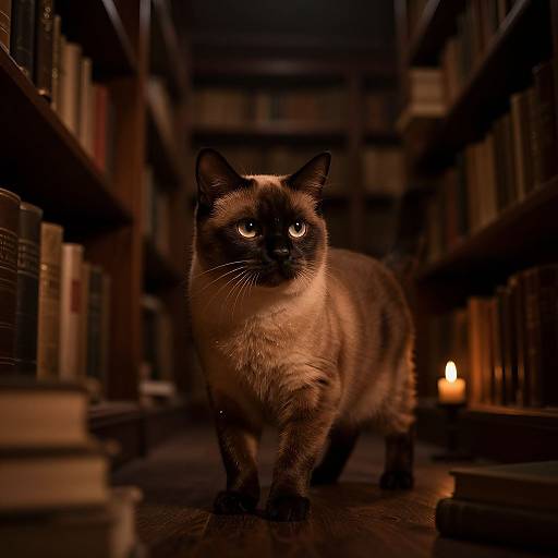 Photograph of a Siamese cat with blue eyes standing in a dimly lit library aisle, surrounded by tall bookshelves and a small candle