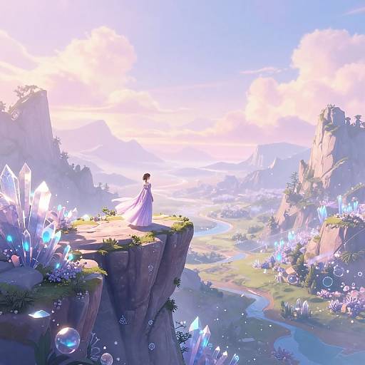 Digital fantasy art: A woman in a white dress stands on a cliff, overlooking a crystal-filled, sunlit, mountainous valley with bubbles.