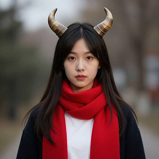 Photograph of an Asian woman with long black hair, wearing red scarf, white shirt, black coat, and gold horn headpiece, standing outdoors with