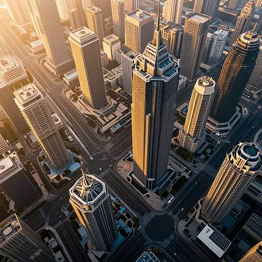 Aerial photograph of a sunlit, modern city skyline with tall, golden-hued skyscrapers, grid-like streets, and intricate urban architecture.