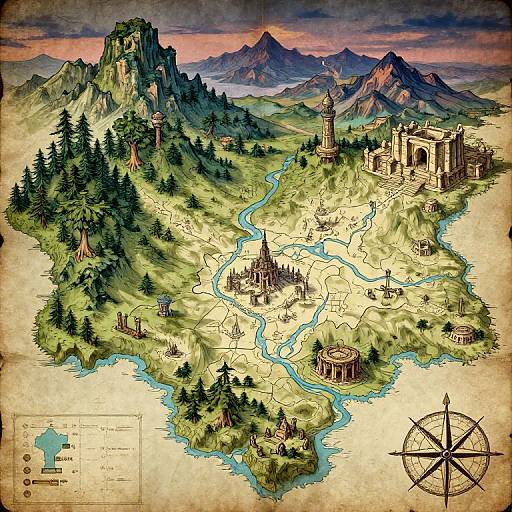 Detailed fantasy map illustration: lush mountains, winding rivers, medieval castles, forests, and a central village, with a compass rose and key map inset