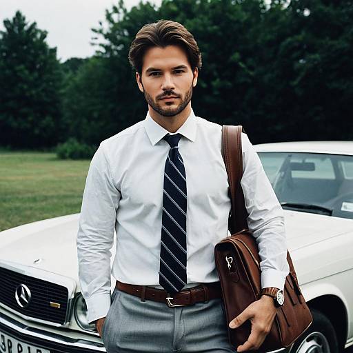 Young Man in Summer Office Outfit Standing by Classic Car