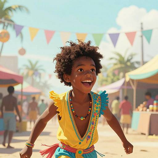 Photograph of a joyful African toddler with dark skin and curly hair, wearing a bright yellow top, blue skirt, and colorful bead jewelry, running in