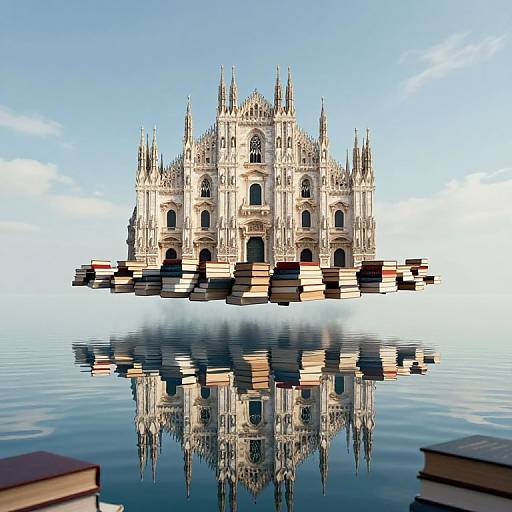 Photorealistic CGI of a grand, detailed Gothic cathedral floating on calm water, surrounded by floating books, with a perfect mirror reflection.