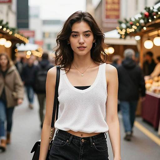 Photograph of a young woman with wavy dark hair, wearing a white mesh tank top, black high-waisted jeans, and a necklace,