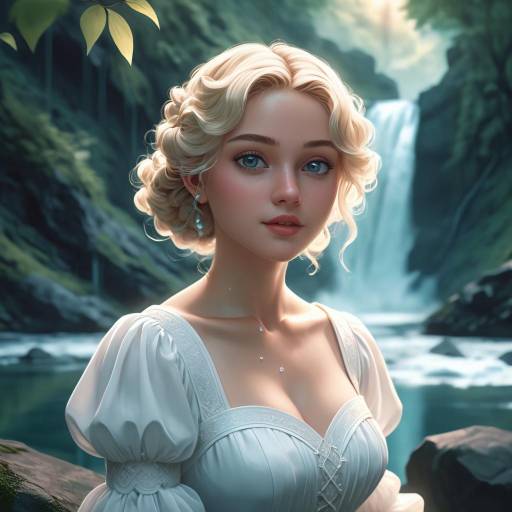 Blonde woman in white dress by waterfall
