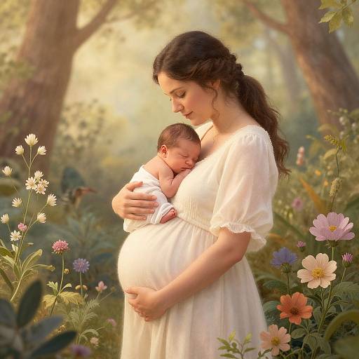 Photograph-like digital art: Curly-haired woman in white dress cradles sleeping newborn in forest garden, surrounded by colorful flowers and sunlight.