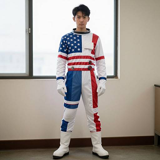 Photograph of young Asian man in full-body American flag costume: white, red, blue, stars, stripes, gloves, boots, standing in bright