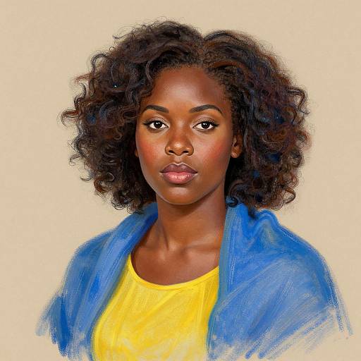 Digital portrait of a beautiful Black woman with dark curly hair, wearing a blue jacket over a yellow shirt, against a beige background.