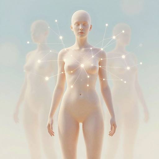 CGI image of a bald, nude, light-skinned woman with small breasts and a slender build, surrounded by glowing white dots against a bright blue